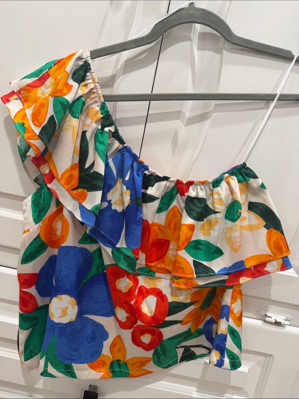 One-Shoulder Ruffle Camisole - White, Blue, Orange, Green